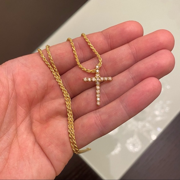 Real Diamond Cross Pendant 1.00 Ct 10k Yellow Gold Necklace Chain - Picture 1 of 5